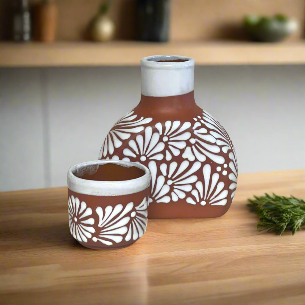 Terracotta Water Carafe Set | Hand-Painted Talavera-Style Bedside Decanter